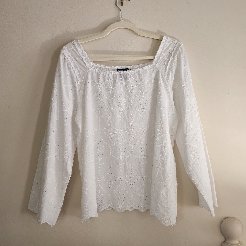Womens 100% Cotton Eyelet Scallop Trim Top Large Summer White Coquette Angel